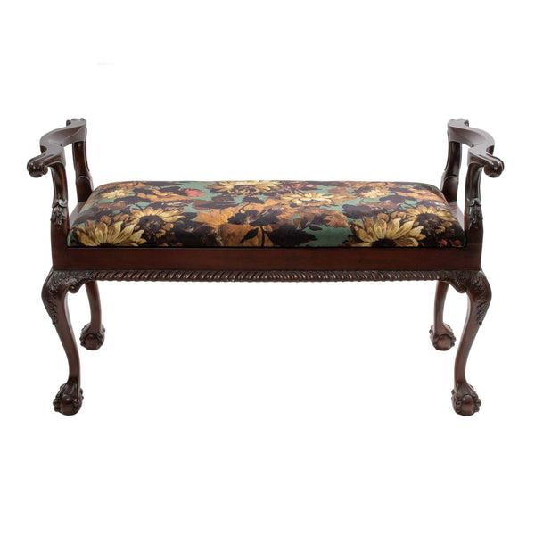 Reproduction Chippendale-Style Green Floral Upholstered Bench with Hinged Seat & Ball-and-Claw Feet