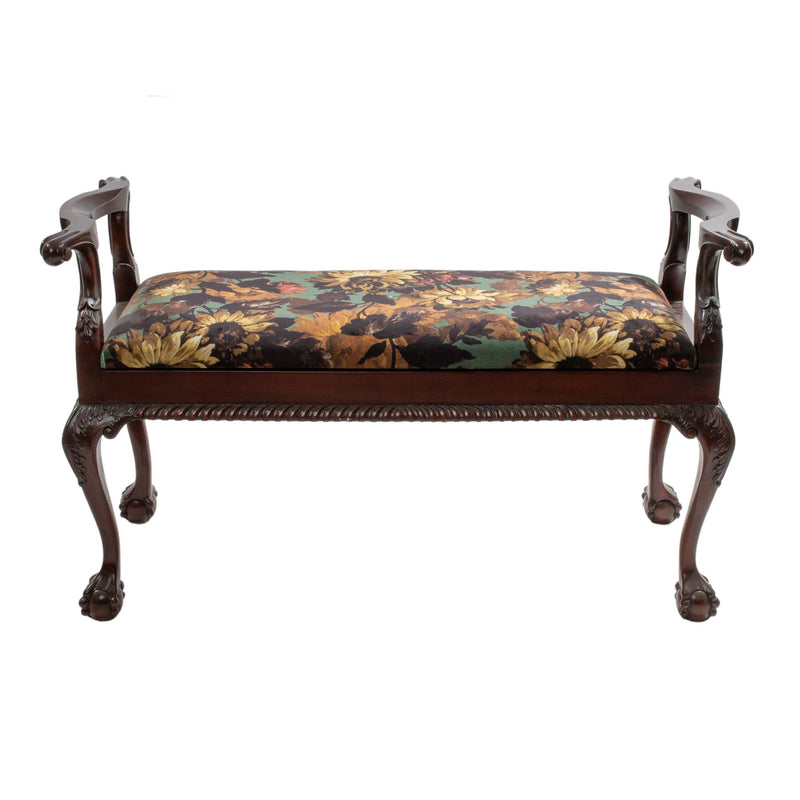 Reproduction Chippendale-Style Green Floral Upholstered Bench with Hinged Seat & Ball-and-Claw Feet