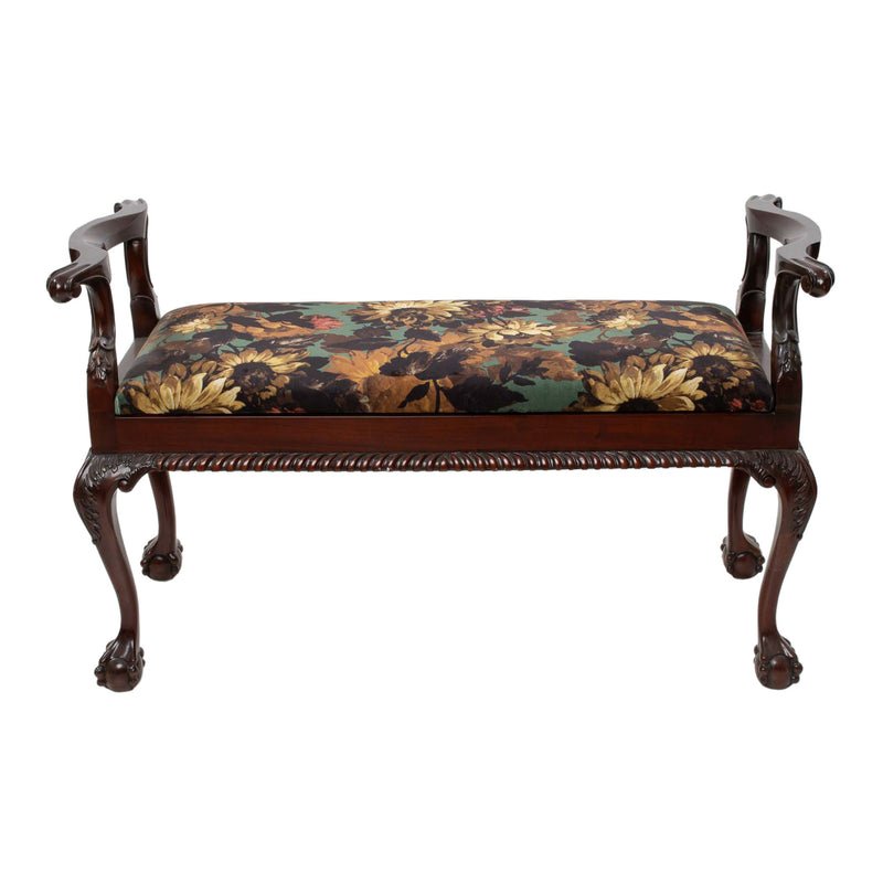Reproduction Chippendale-Style Green Floral Upholstered Bench with Hinged Seat & Ball-and-Claw Feet
