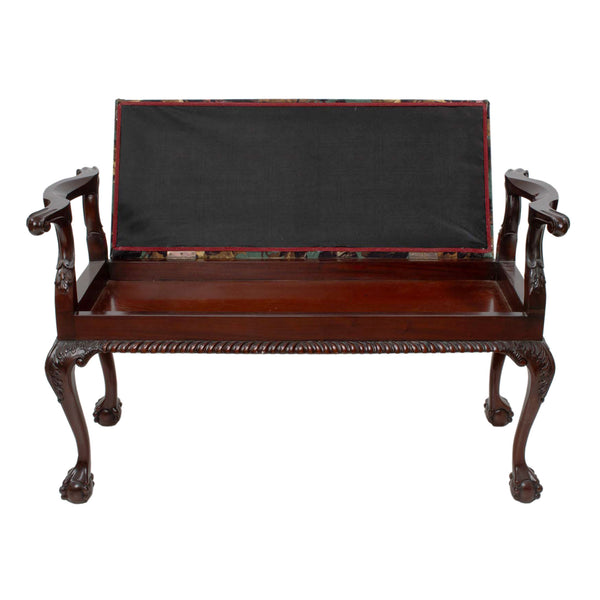 Reproduction Chippendale-Style Green Floral Upholstered Bench with Hinged Seat & Ball-and-Claw Feet