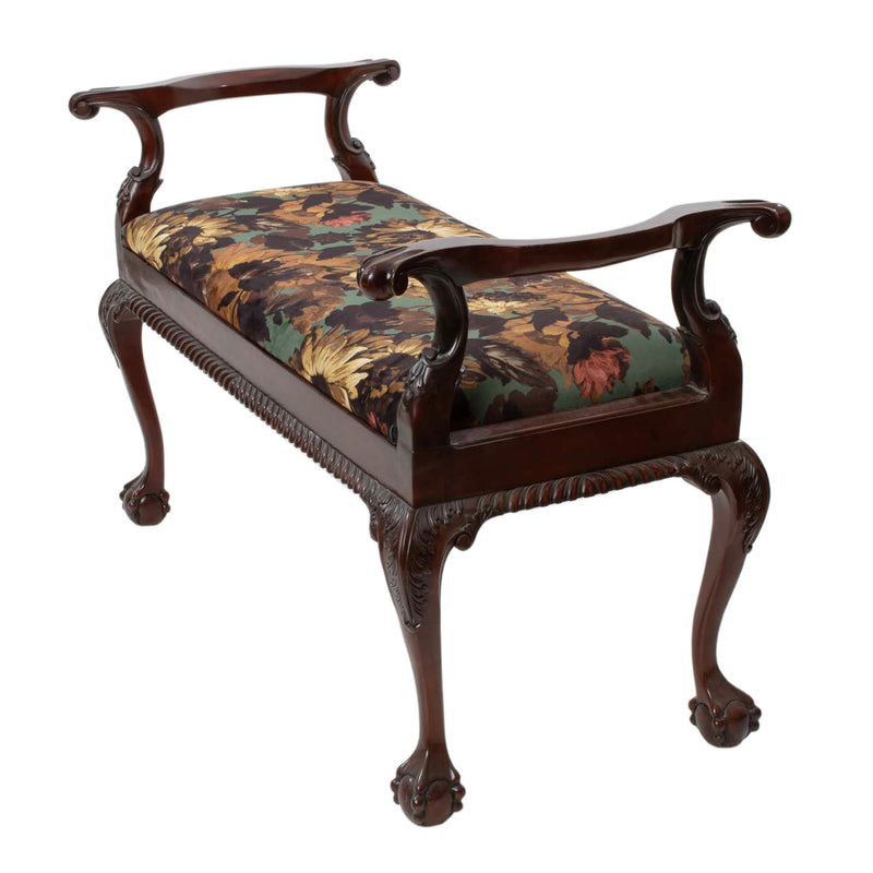 Reproduction Chippendale-Style Green Floral Upholstered Bench with Hinged Seat & Ball-and-Claw Feet