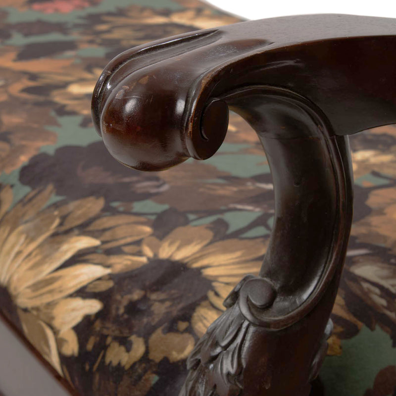 Reproduction Chippendale-Style Green Floral Upholstered Bench with Hinged Seat & Ball-and-Claw Feet