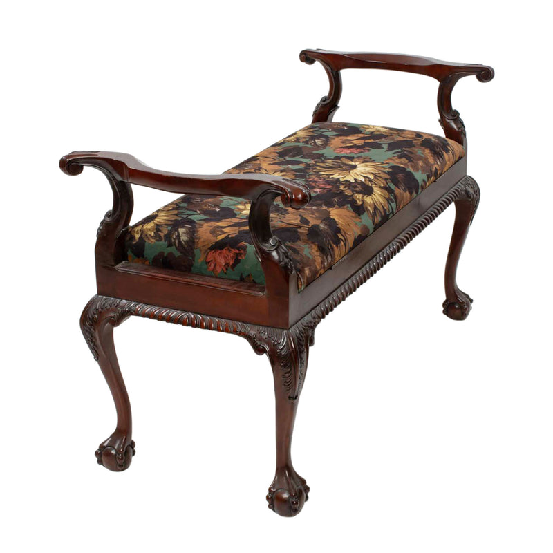 Reproduction Chippendale-Style Green Floral Upholstered Bench with Hinged Seat & Ball-and-Claw Feet
