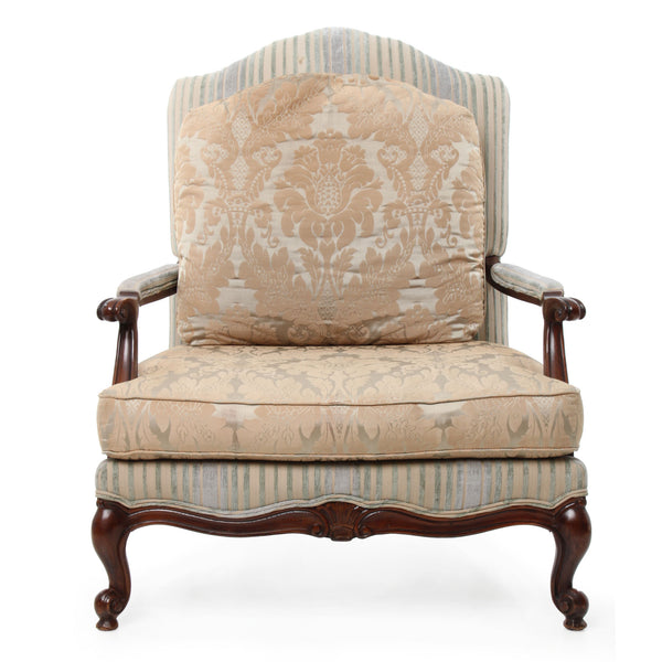 Reproduction French Bergere Green/ Gold Striped and Damask Open Armchair