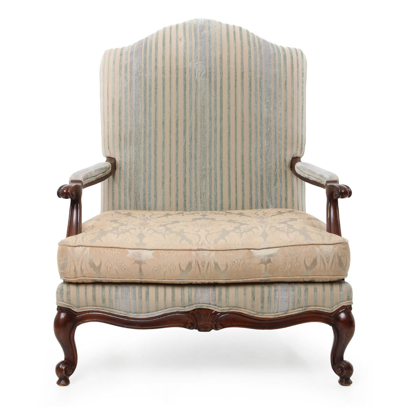 Reproduction French Bergere Green/ Gold Striped and Damask Open Armchair
