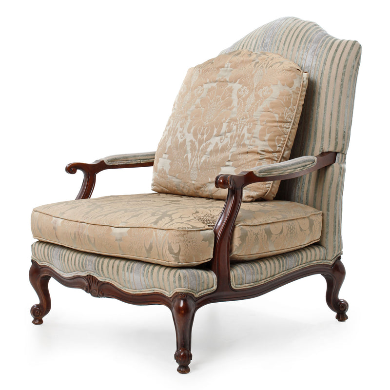 Reproduction French Bergere Green/ Gold Striped and Damask Open Armchair
