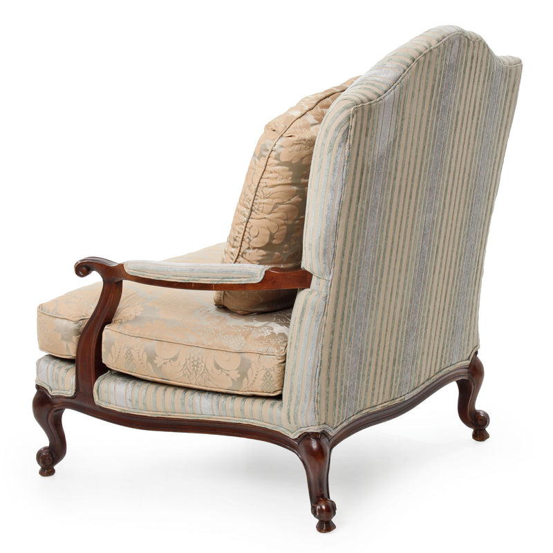 Reproduction French Bergere Green/ Gold Striped and Damask Open Armchair