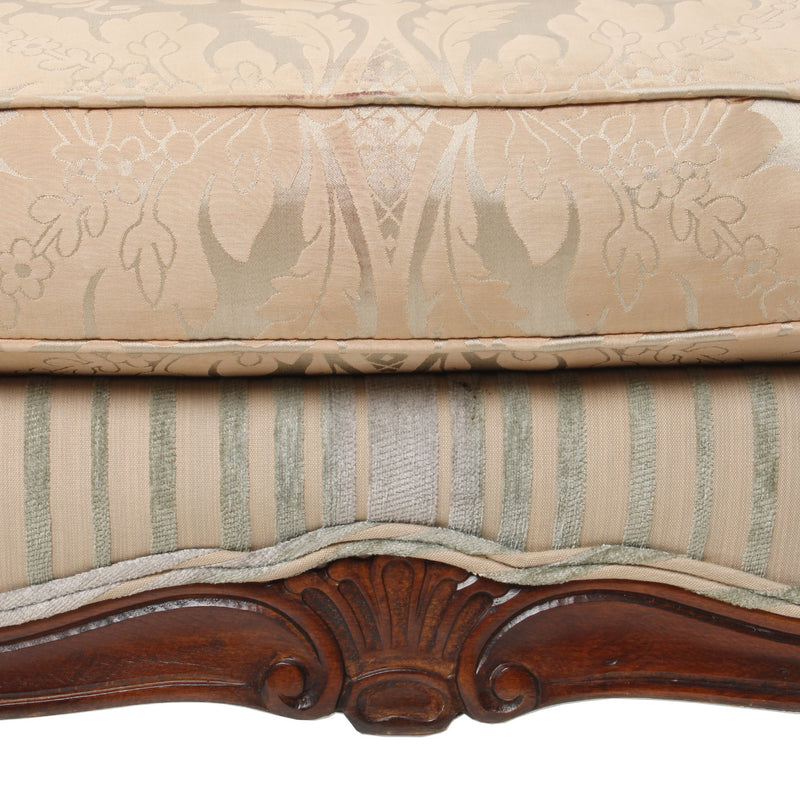 Reproduction French Bergere Green/ Gold Striped and Damask Open Armchair