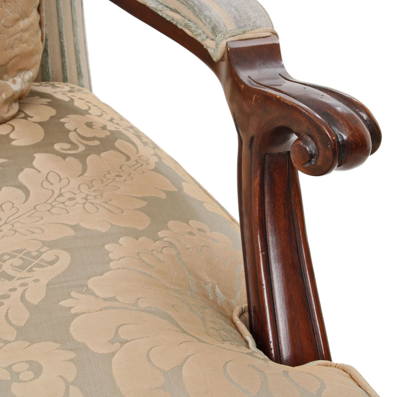 Reproduction French Bergere Green/ Gold Striped and Damask Open Armchair
