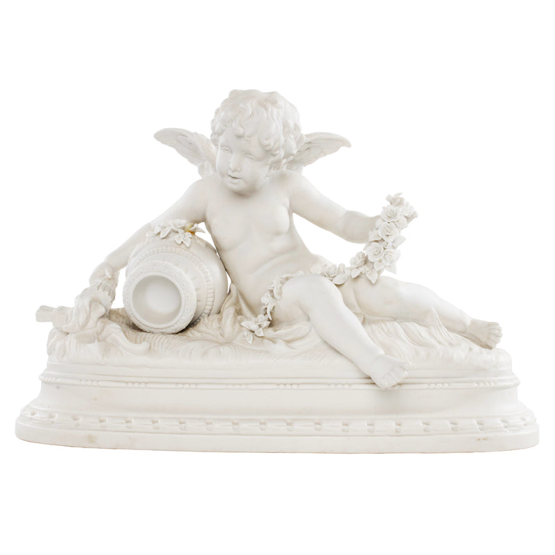 Reproduction Porcelain Sculpture Cherub Holding Rose Garland