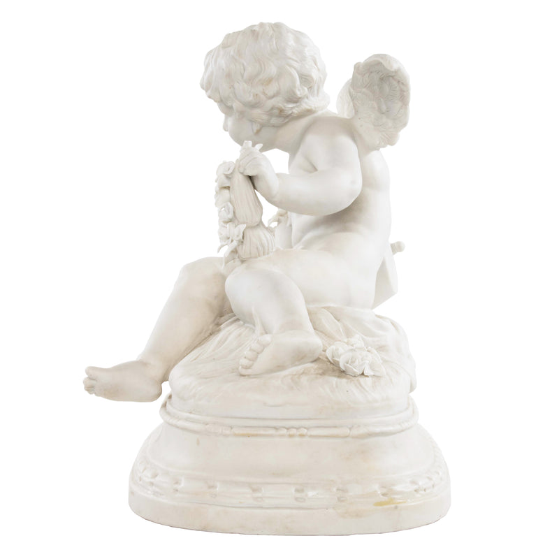 Reproduction Porcelain Sculpture Cherub Holding Rose Garland