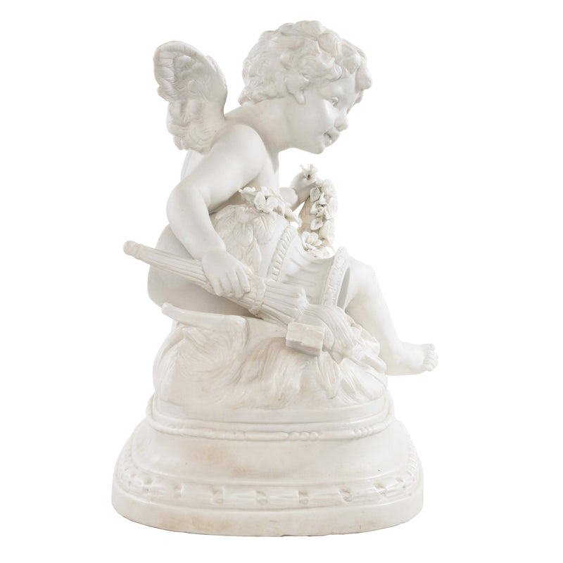 Reproduction Porcelain Sculpture Cherub Holding Rose Garland