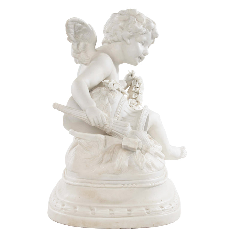 Reproduction Porcelain Sculpture Cherub Holding Rose Garland