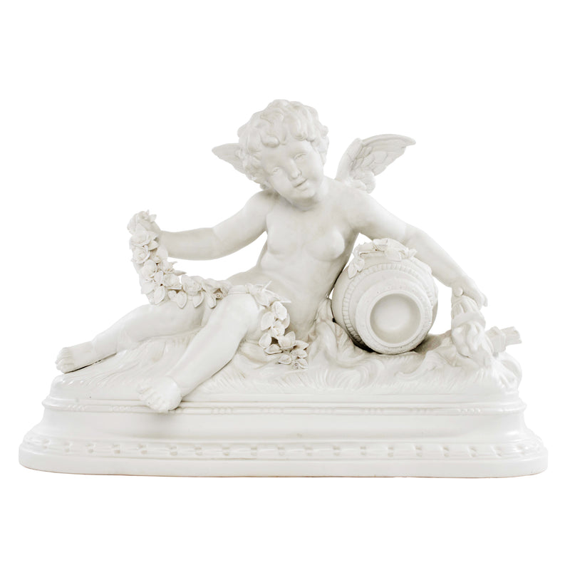 Reproduction Porcelain Sculpture Cherub Holding Rose Garland