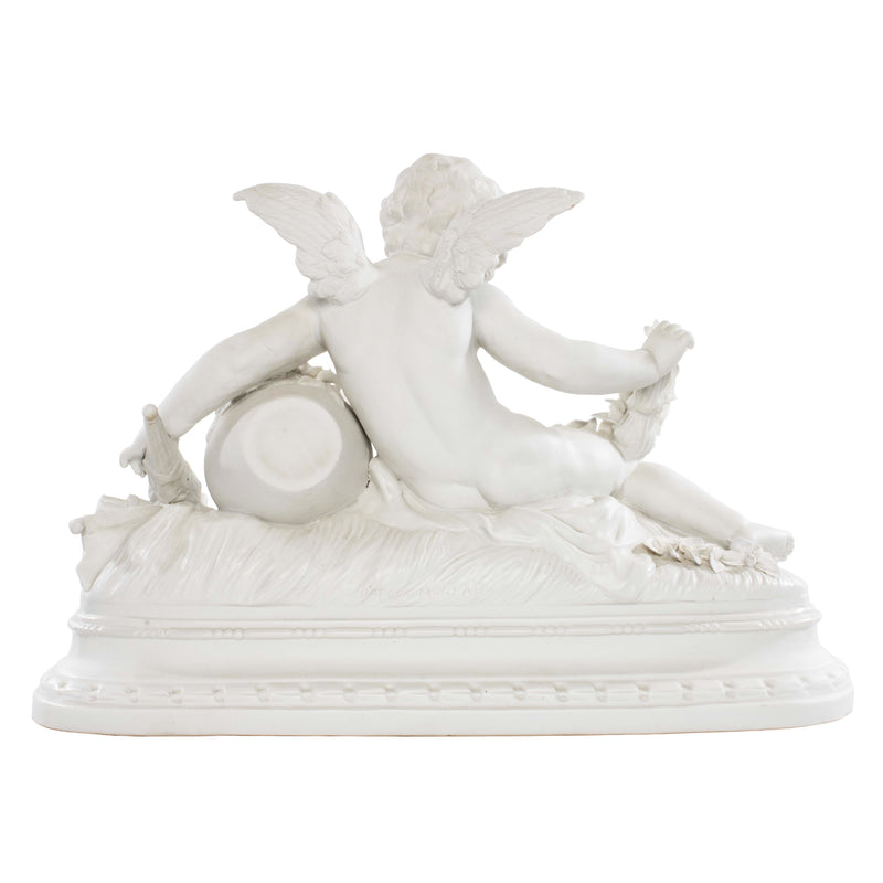 Reproduction Porcelain Sculpture Cherub Holding Rose Garland