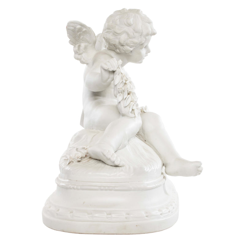 Reproduction Porcelain Sculpture Cherub Holding Rose Garland