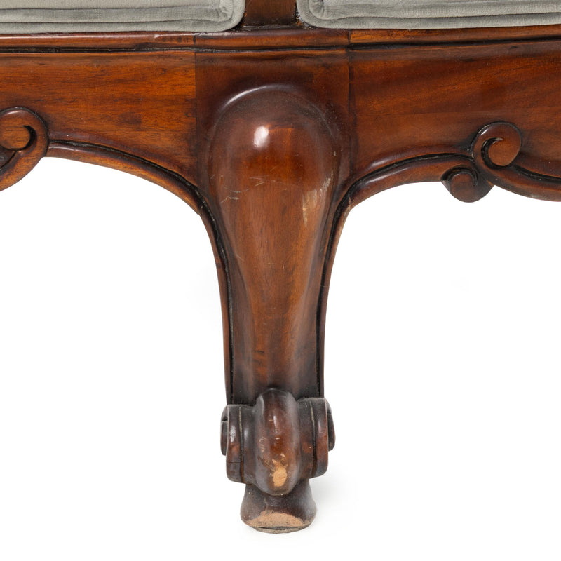 Reproduction Victorian Style Upholstered Curved Back Settee with Carved Maple Show Wood and Slight Serpentine Front