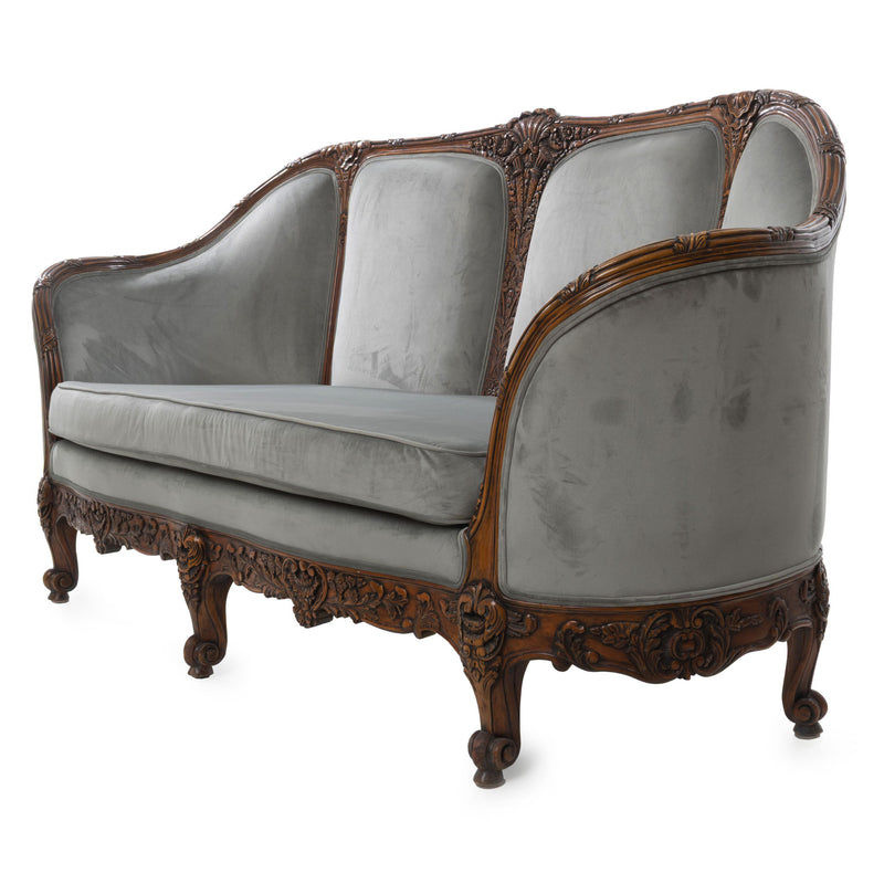 Reproduction Victorian Style Upholstered Curved Back Settee with Carved Maple Show Wood and Slight Serpentine Front