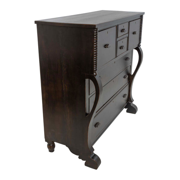 Restored Pine Empire Chest of Drawers with Applied Spool Shaped Corner Mounts