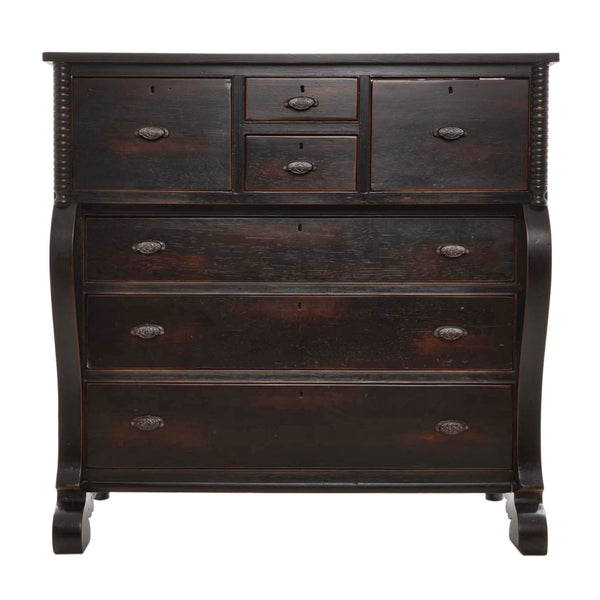 Restored Pine Empire Chest of Drawers with Applied Spool Shaped Corner Mounts