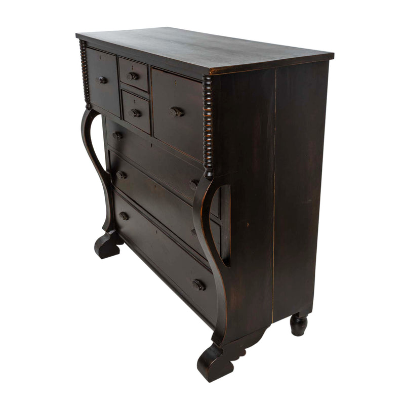 Restored Pine Empire Chest of Drawers with Applied Spool Shaped Corner Mounts