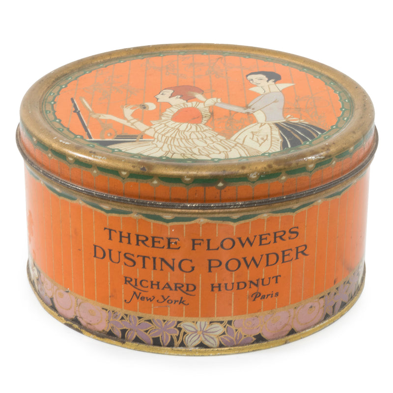 Round Orange "Three Flowers" Dusting Powder Tin with Lid