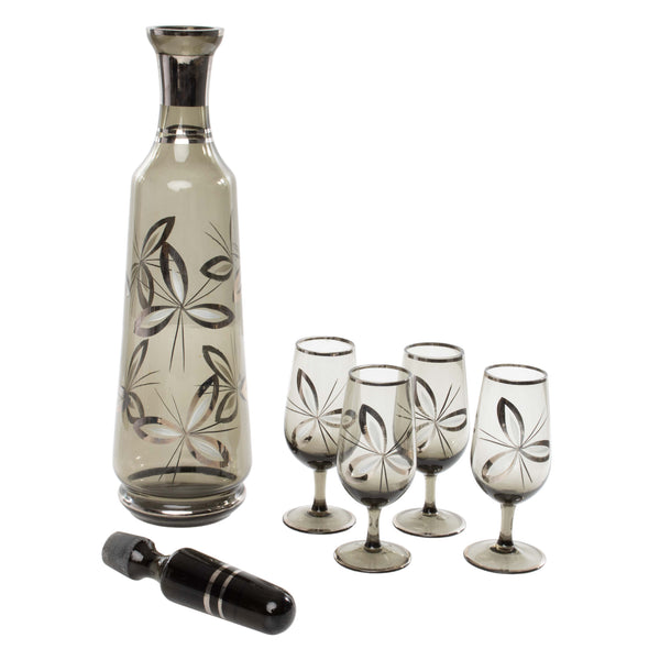 Smoke Glass Decanter and 4 Liqueur Glasses with Hand Painted Floral Design