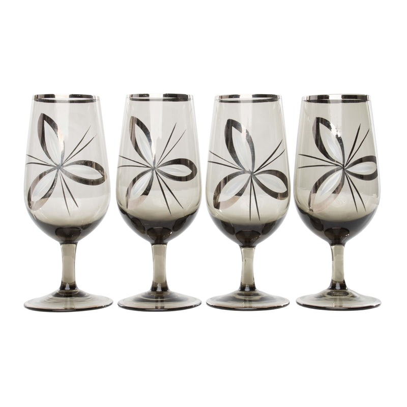 Smoke Glass Decanter and 4 Liqueur Glasses with Hand Painted Floral Design