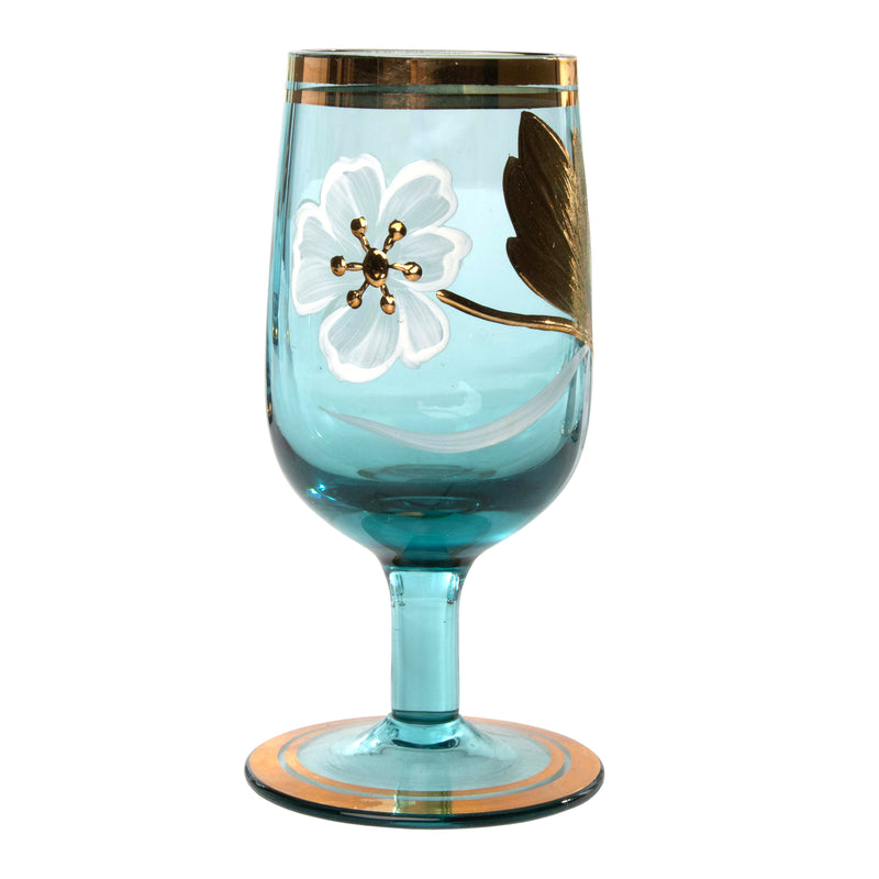 Teal Glass Decanter and 6 Liqueur Glasses with Hand Painted Floral Design