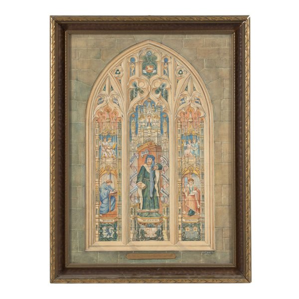 Framed Mixed Media Drawing "The Carton Memorial Window" by S. Court 1919
