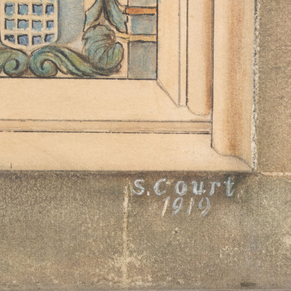 Framed Mixed Media Drawing "The Carton Memorial Window" by S. Court 1919