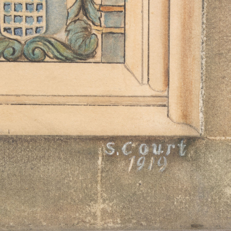 Framed Mixed Media Drawing "The Carton Memorial Window" by S. Court 1919