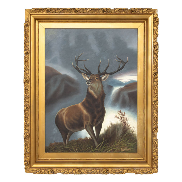 Ornate Gesso Framed Oil Painting on Board - Untitled Landscape with Elk by Louis Valder