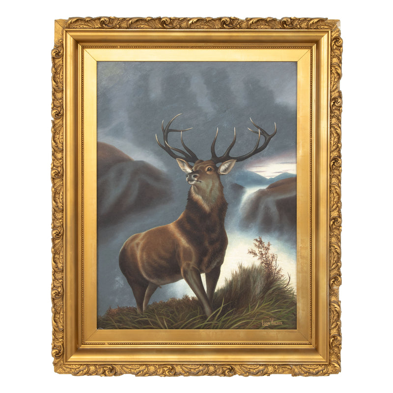 Ornate Gesso Framed Oil Painting on Board - Untitled Landscape with Elk by Louis Valder