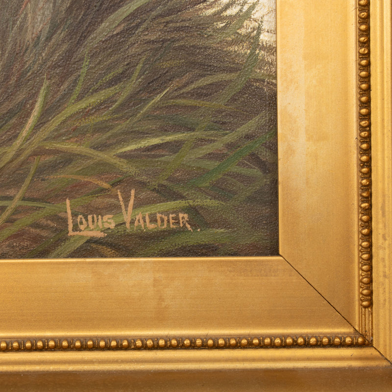 Ornate Gesso Framed Oil Painting on Board - Untitled Landscape with Elk by Louis Valder