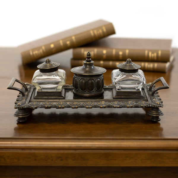Victorian Bronze Double Handled Desk Tray with Glass Inkwells & Dip Pen (7pcs. - As Is)