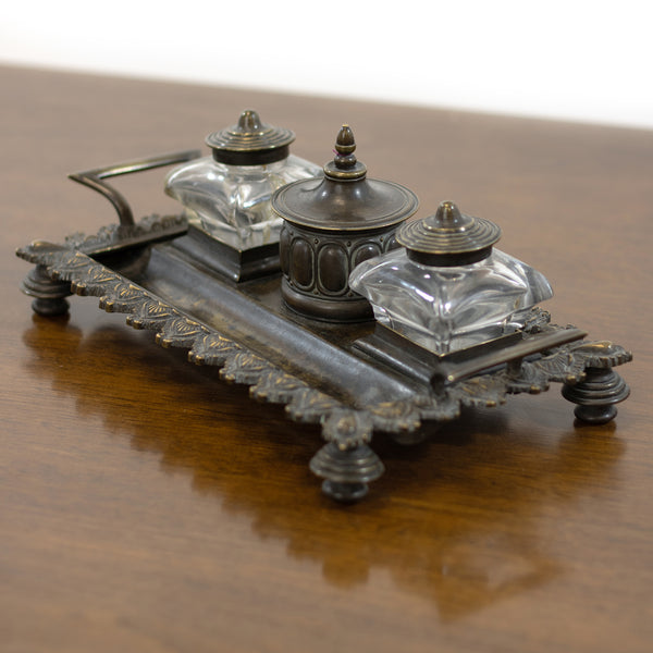 Victorian Bronze Double Handled Desk Tray with Glass Inkwells & Dip Pen (7pcs. - As Is)