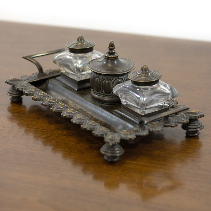 Victorian Bronze Double Handled Desk Tray with Glass Inkwells & Dip Pen (7pcs. - As Is)