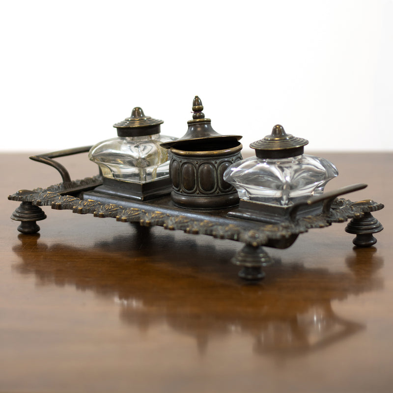 Victorian Bronze Double Handled Desk Tray with Glass Inkwells & Dip Pen (7pcs. - As Is)