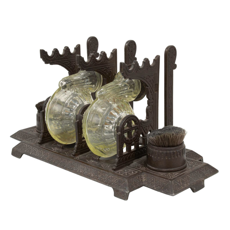 Victorian Cast Iron Double Uranium Glass "Snail" Inkwell/ Pen Rack & Nib Brushes (5pcs.)