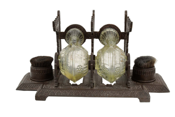 Victorian Cast Iron Double Uranium Glass "Snail" Inkwell/ Pen Rack & Nib Brushes (5pcs.)