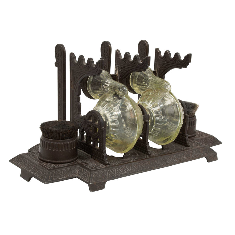 Victorian Cast Iron Double Uranium Glass "Snail" Inkwell/ Pen Rack & Nib Brushes (5pcs.)