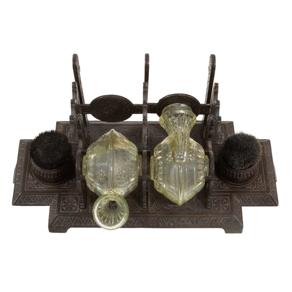 Victorian Cast Iron Double Uranium Glass "Snail" Inkwell/ Pen Rack & Nib Brushes (5pcs.)