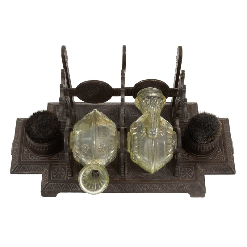 Victorian Cast Iron Double Uranium Glass "Snail" Inkwell/ Pen Rack & Nib Brushes (5pcs.)