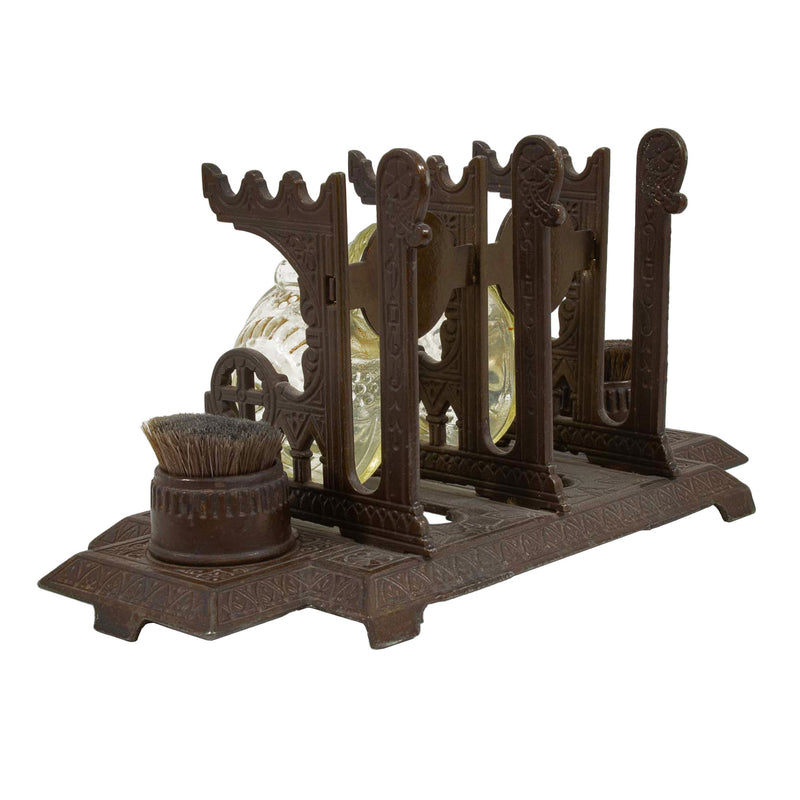 Victorian Cast Iron Double Uranium Glass "Snail" Inkwell/ Pen Rack & Nib Brushes (5pcs.)
