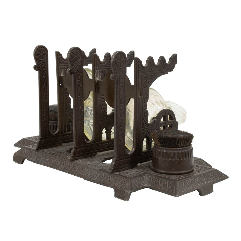 Victorian Cast Iron Double Uranium Glass "Snail" Inkwell/ Pen Rack & Nib Brushes (5pcs.)