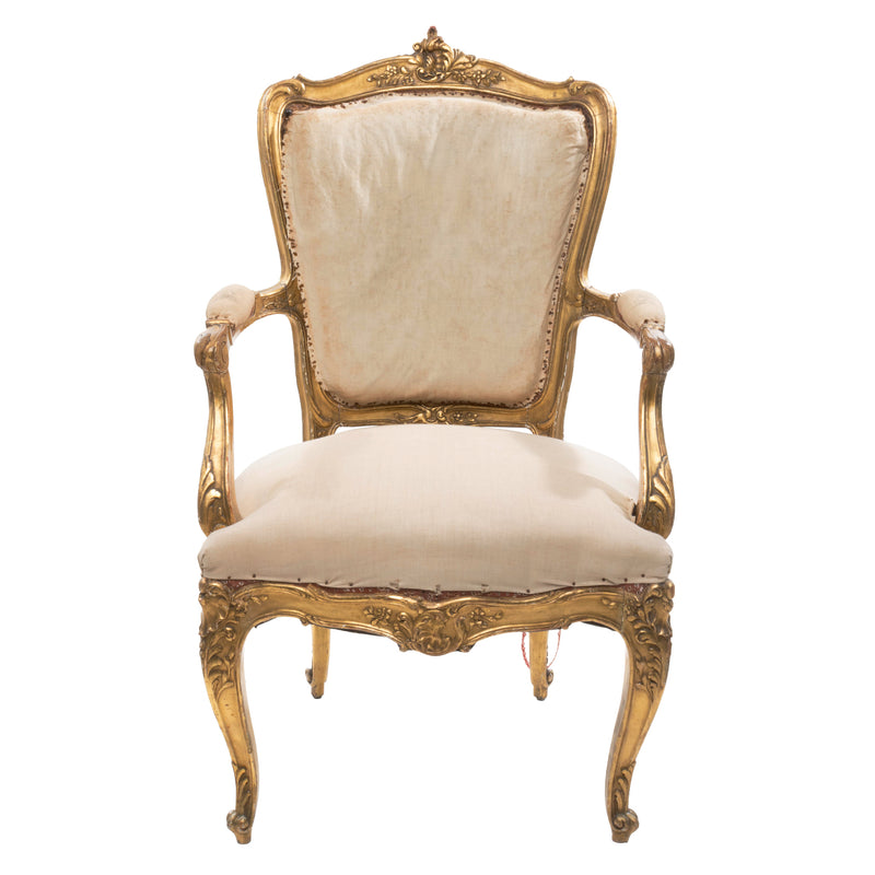 Victorian French Provincial Louis XV Style Gold Gilt Arm Chair