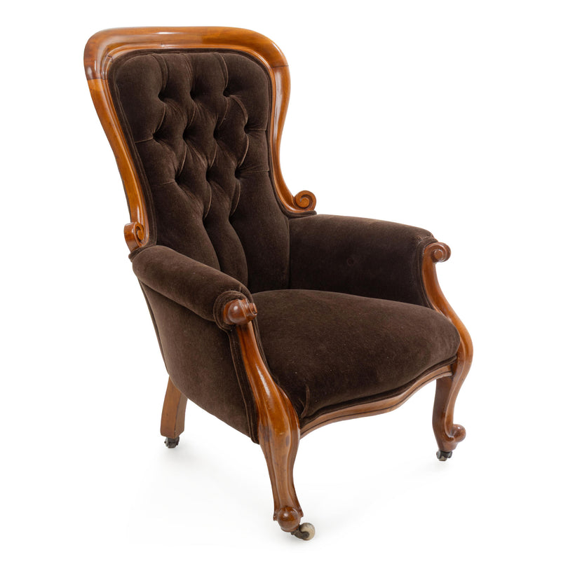Victorian Mahogany Closed Arm Parlour Chair w/ Brown Velvet Button Tufted Upholstery on Castors