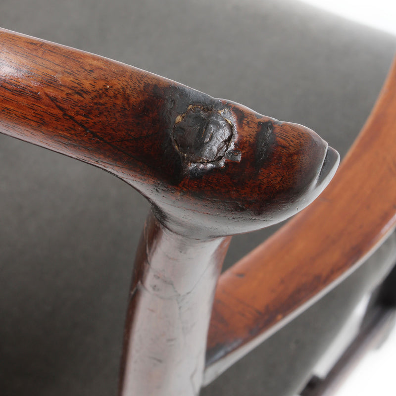 Walnut Country Chippendale Open Arm Chair with Carved & Pierced Back Splat and Grey Velvet Seat