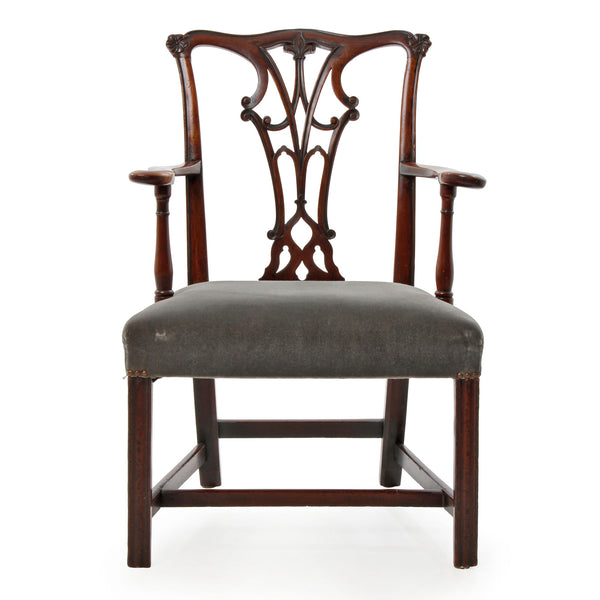 Walnut Country Chippendale Open Arm Chair with Carved & Pierced Back Splat and Grey Velvet Seat